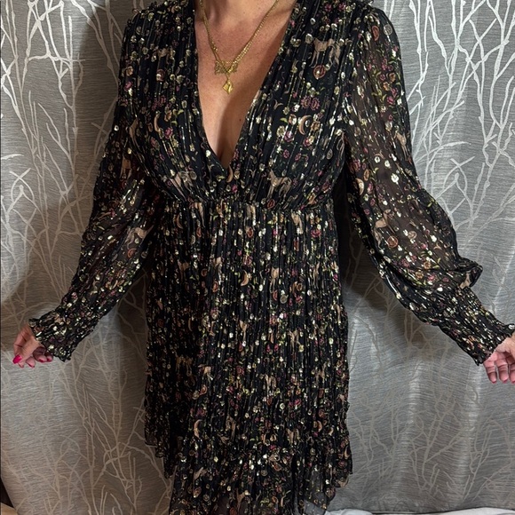 Sandro Paris Pleated Hound Print Metallic Dress 38/6 - Picture 2 of 12